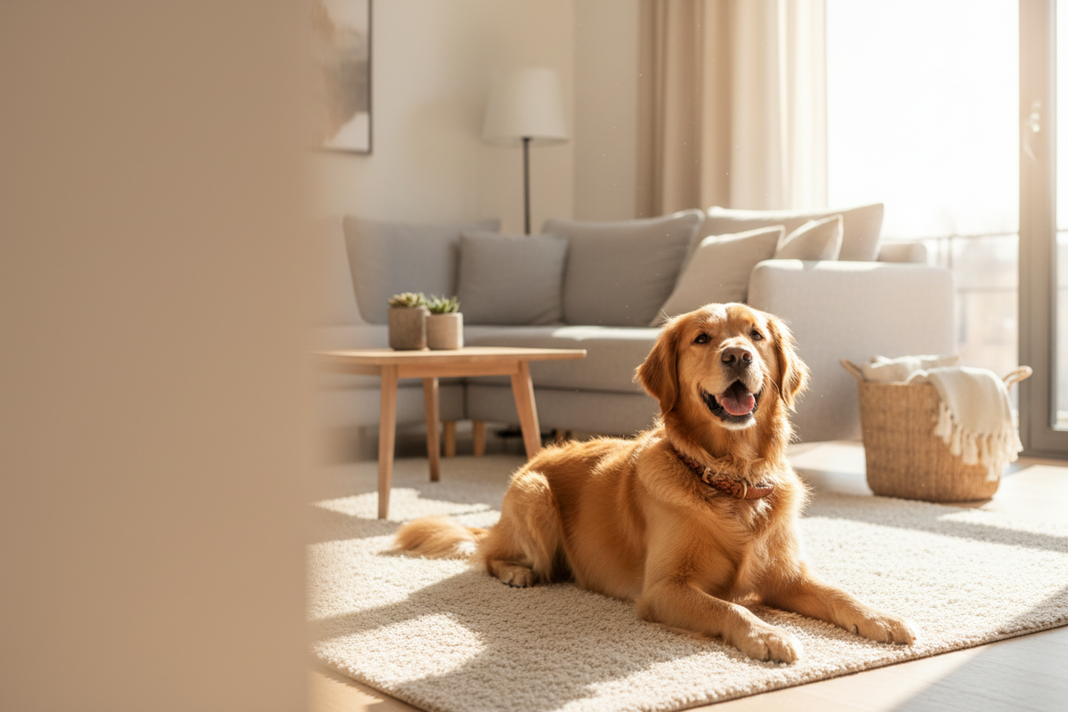 Golden retriever in sunlit living room